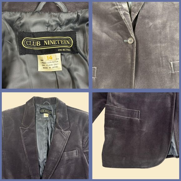 1970s grey velvet blazer by Club Nineteen, size 14 vintage womens suit jacket - Picture 3 of 8
